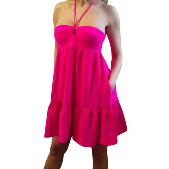 Amanda Uprichard Sz XS GRECA Hot Pink (Fuschia) Babydoll Halterk Mini Dress - Picture 1 of 7